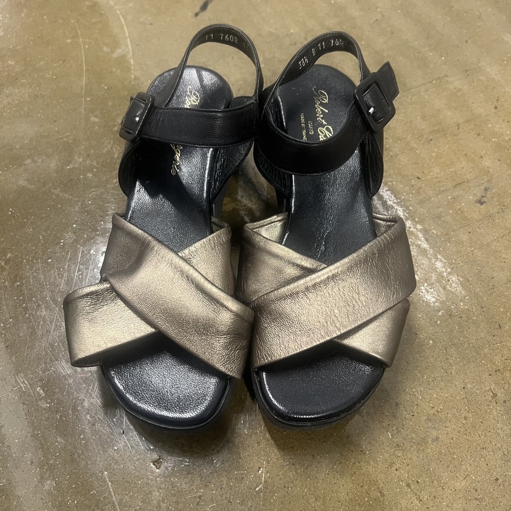 Robert Clergerie Size 38.5 Womens Black Bronze Metallic Platform Wedge Sandals